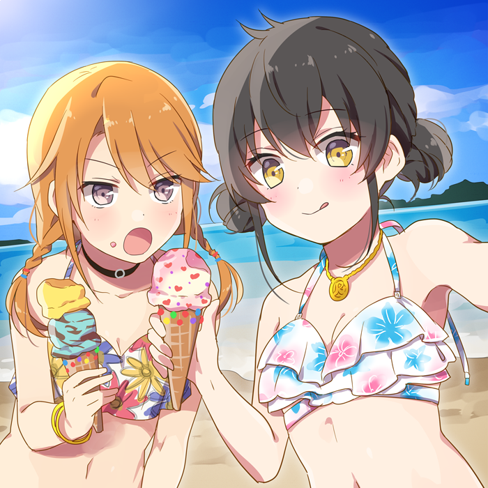 :o :p alternate_hairstyle armpits beach bikini bikini_top black_hair braid breasts brown_eyes choker cleavage cloud cloudy_sky commentary_request day double_bun eyebrows_visible_through_hair food food_on_face frilled_bikini frills hair_between_eyes holding holding_food ice_cream ice_cream_cone idolmaster idolmaster_cinderella_girls jewelry long_hair matoba_risa multiple_girls necklace ocean open_mouth orange_hair outdoors reaching_out riku_(melty_drop) sand self_shot sky small_breasts swimsuit tongue tongue_out twin_braids upper_body yellow_eyes yuuki_haru