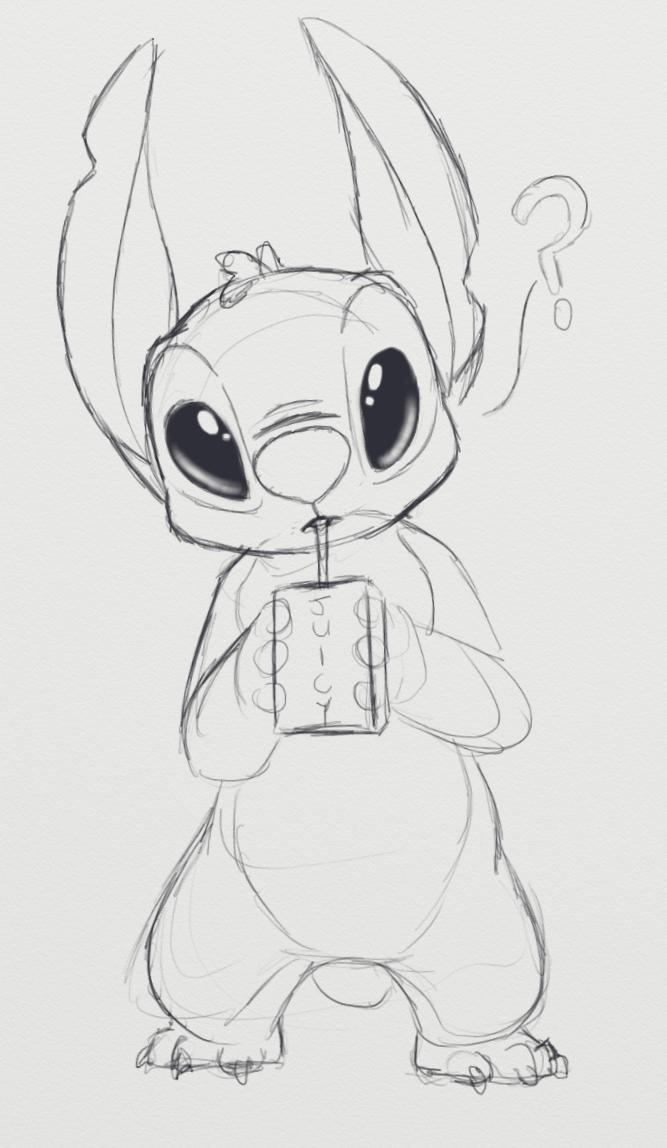 2017 ? alien beverage claws digital_drawing_(artwork) digital_media_(artwork) disney drinking ears_up experiment_(species) grey_background head_tuft holding_beverage juice_box lilo_and_stitch looking_at_viewer petrock simple_background sketch small_tail solo standing stitch straw textured_background toe_claws