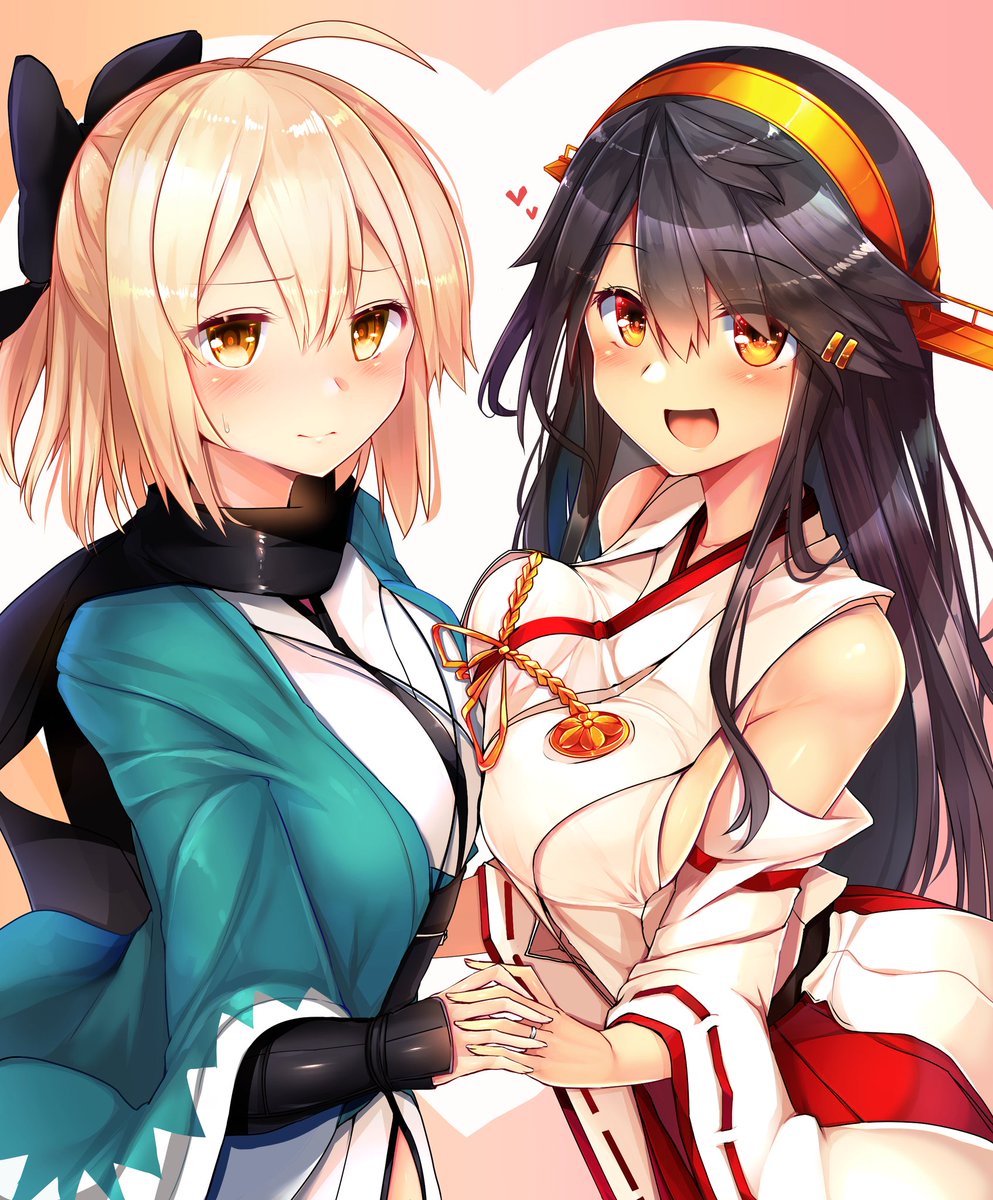 :d bare_shoulders black_hair blonde_hair breast_press breasts crossover detached_sleeves fate/grand_order fate_(series) hair_between_eyes hairband haruna_(kantai_collection) headgear heart highres japanese_clothes jewelry kantai_collection large_breasts long_hair multiple_girls nontraditional_miko okita_souji_(fate) okita_souji_(fate)_(all) open_mouth ribbon-trimmed_sleeves ribbon_trim ring short_hair smile symmetrical_docking tsukui_kachou wedding_band wide_sleeves yellow_eyes