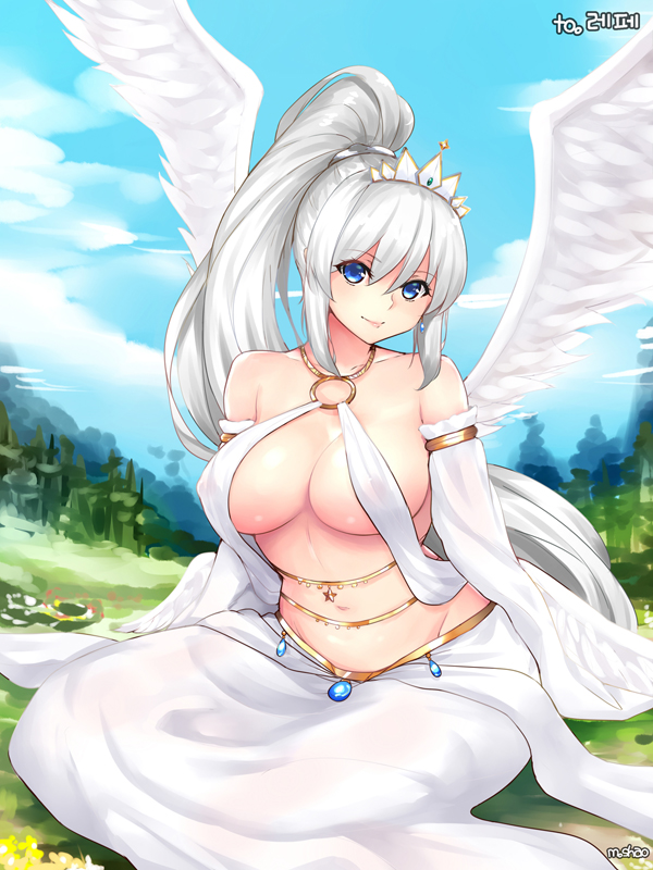 blue_eyes blush breasts closed_mouth commentary_request detached_sleeves dungeon_and_fighter feathered_wings high_ponytail knight_(dungeon_and_fighter) large_breasts long_hair long_skirt long_sleeves looking_at_viewer navel o-ring o-ring_top revealing_clothes shaojiang sitting skirt smile solo stomach tiara very_long_hair white_hair white_skirt white_wings wings yokozuwari