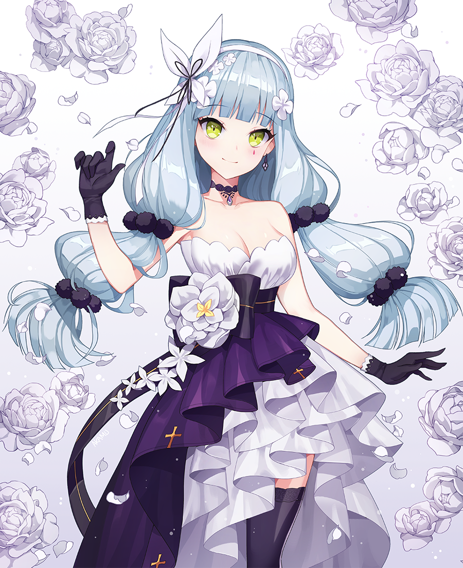 akamu alternate_costume bangs bare_arms bare_shoulders black_bow black_choker black_gloves black_legwear blue_hair blunt_bangs bow breasts choker cleavage closed_mouth collarbone cowboy_shot dress earrings eyebrows_visible_through_hair facial_mark floral_background flower gem girls_frontline gloves gradient gradient_background green_eyes hair_flower hair_ornament hair_ribbon hairband hand_up hk416_(girls_frontline) jewelry layered_dress long_hair looking_at_viewer low-tied_long_hair medium_breasts multi-tied_hair pendant petals ribbon rose rose_petals shiny shiny_hair smile solo standing strapless strapless_dress thighhighs very_long_hair white_background white_flower white_hairband white_ribbon white_rose