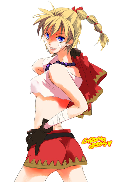 a_zumi_anzu back bandages beads belt blonde_hair blue_eyes breasts chrono_cross crop_top facial_mark gloves hand_on_hip high_ponytail jewelry kid_(chrono_cross) long_hair looking_at_viewer looking_back medium_breasts midriff miniskirt multi-tied_hair necklace no_bra ponytail sideboob skirt smile solo torn_clothes underboob vest