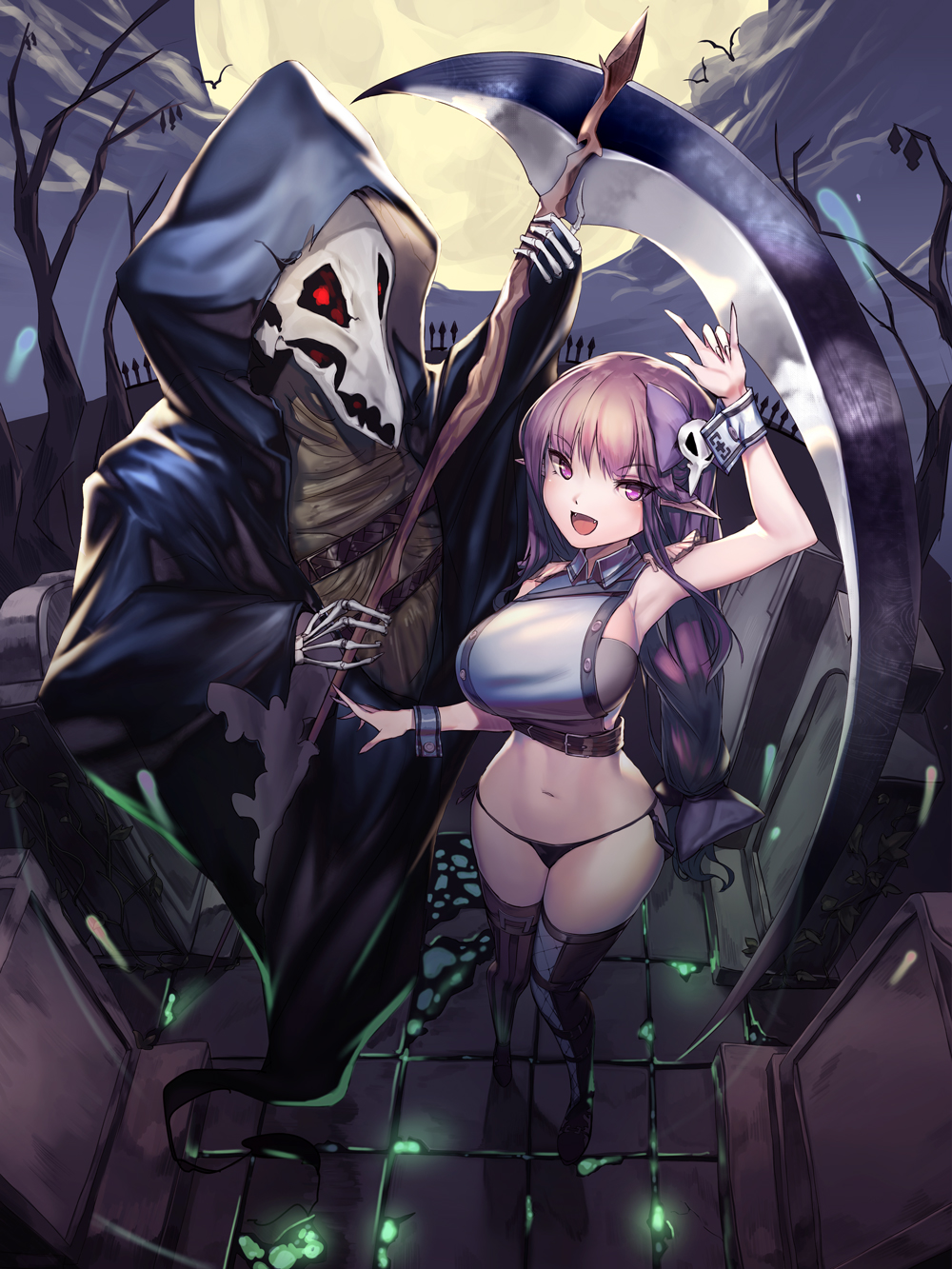 :d arm_up bangs black_legwear bow breasts btraphen cloak commentary crop_top death_(entity) eyebrows_visible_through_hair from_above full_moon graveyard grim_reaper hair_bow hand_up highres holding hood hood_up large_breasts long_hair looking_at_viewer md5_mismatch moon navel night open_mouth original outdoors pointy_ears purple_bow scythe skeleton skull skull_mask smile thighhighs thighs tombstone tsurime wrist_cuffs