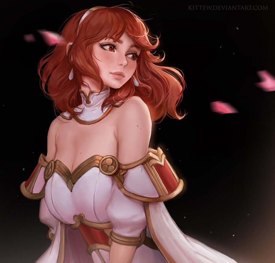 armor breasts cape celica_(fire_emblem) daria_leonova dress earrings fire_emblem fire_emblem_echoes:_mou_hitori_no_eiyuuou gloves jewelry large_breasts lips long_hair medium_hair red_eyes red_hair smile solo tiara wavy_hair