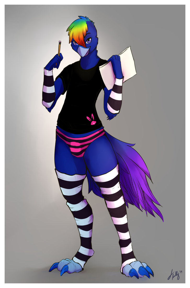 2014 anthro arm_warmers armwear avian beak bird blue_feathers bulge clothed clothing feathers firetally full_portrait hair indigo_avemour legwear looking_at_viewer male multicolored_hair panties purple_eyes rainbow_hair solo standing stockings tail_feathers talons underwear