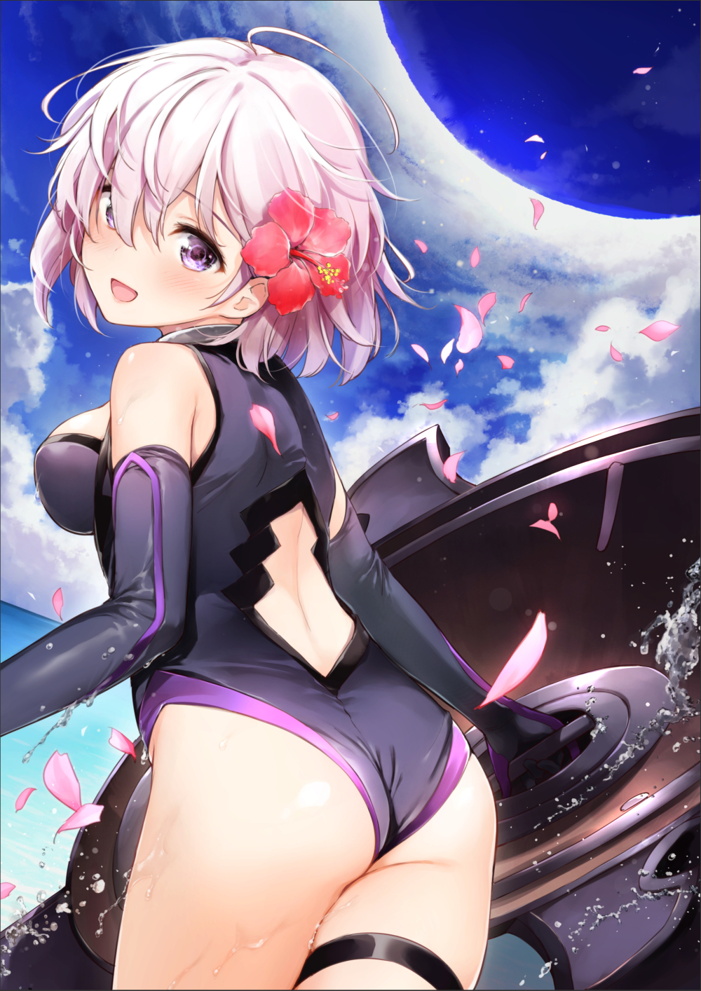 :d ahoge ass back back_cutout bare_shoulders black_gloves black_swimsuit blush breasts cloud cowboy_shot day elbow_gloves fate/grand_order fate_(series) flower from_behind gloves hair_flower hair_ornament hair_over_one_eye hibiscus highres holding leaning_forward mash_kyrielight medium_breasts open_mouth outdoors pink_hair purple_eyes shield short_hair smile solo splashing standing swimsuit tareme thigh_strap thighs umakuchi_shouyu water water_drop