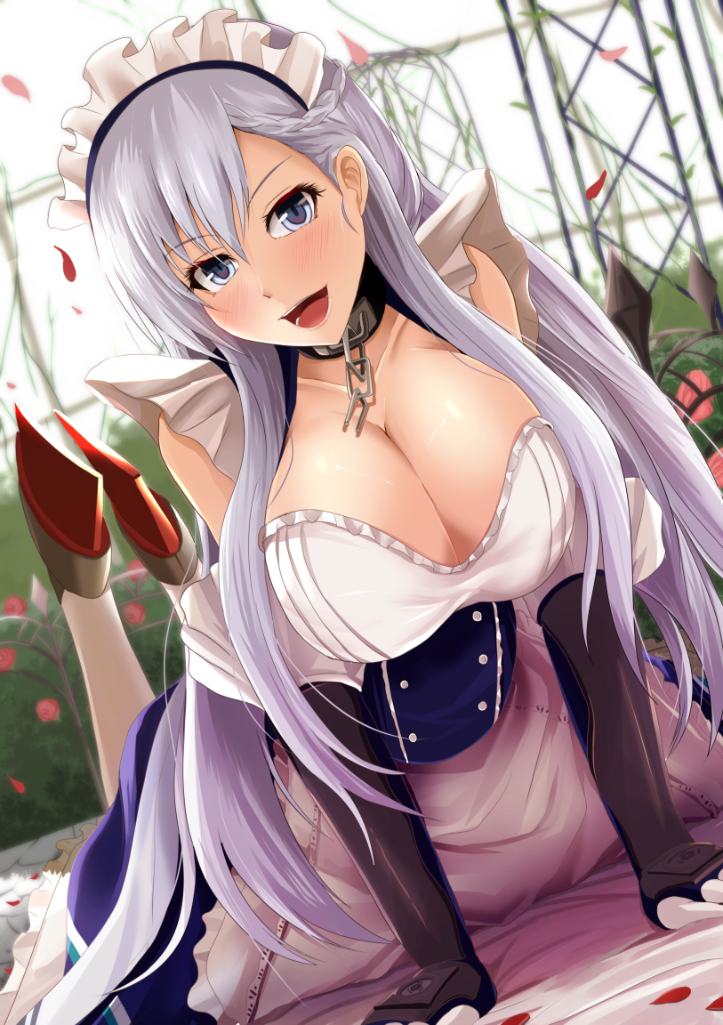arm_support azur_lane bangs bare_shoulders belfast_(azur_lane) blue_eyes blush braid breasts chain cleavage collar collarbone commentary_request eyebrows_visible_through_hair french_braid gloves kanzaki_kureha large_breasts long_hair looking_at_viewer maid maid_headdress open_mouth silver_hair solo