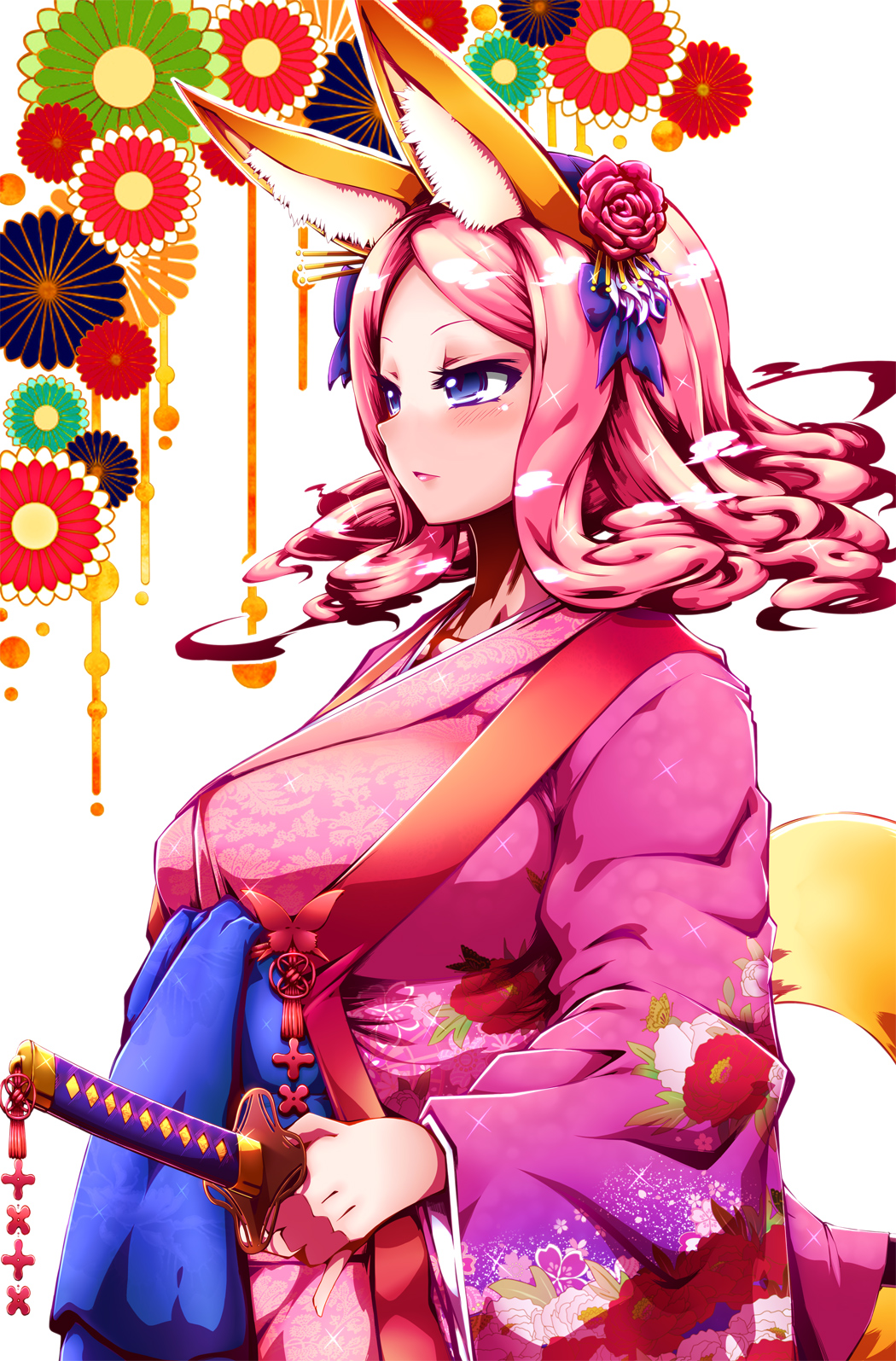 animal_ears bangs blue_eyes blush breasts commentary_request cowboy_shot expressionless fantasista_doll floating_hair floral_background floral_print flower fox_ears fox_tail from_side hair_flower hair_ornament hair_stick highres holding holding_sword holding_weapon japanese_clothes katana kimono kunoichi_kuu large_breasts long_sleeves looking_afar parted_bangs pink pink_hair pink_kimono pink_lips sheath sheathed solo sparkle sword tail tokyo_(great_akuta) weapon white_background wide_sleeves