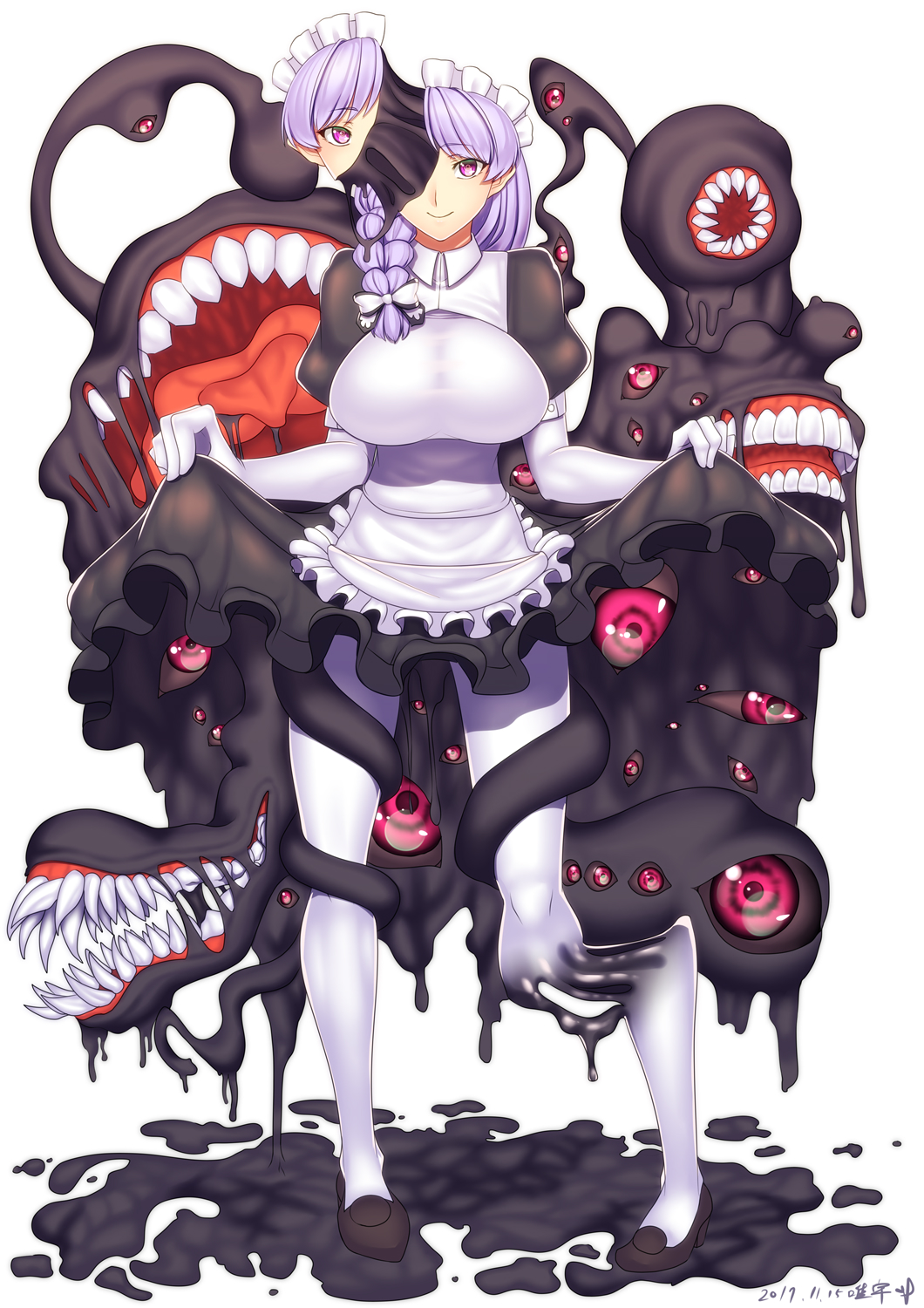 apron bangs black_footwear braid breasts closed_mouth collared_shirt dated elbow_gloves eldritch_abomination extra_eyes extra_mouth eyebrows_visible_through_hair fangs gloves hair_over_shoulder hair_ribbon highres large_breasts long_hair looking_at_viewer maid maid_apron maid_headdress melting monster_girl monster_girl_encyclopedia original pantyhose puffy_short_sleeves puffy_sleeves purple_hair red_eyes ribbon shirt shoes short_sleeves signature simple_background skirt skirt_lift slime smile solo standing tress_ribbon white_background white_gloves white_legwear wing_collar yui_sora