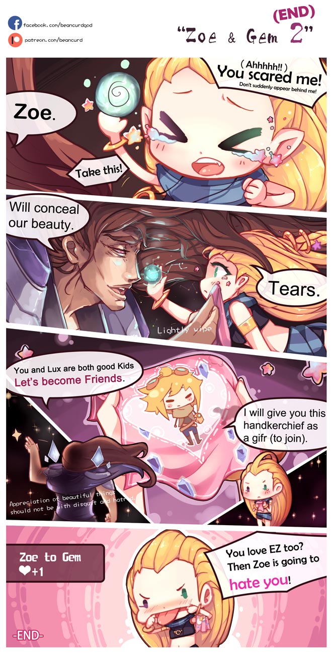 ! &gt;_&lt; 1girl 2boys :p ? armlet beancurd blonde_hair blush brown_hair comic crop_top crying english_text eyes_closed ezreal green_eyes half-closed_eyes handkerchief heart heterochromia highres league_of_legends long_hair looking_at_another midriff multiple_boys navel open_mouth orange_hair orb purple_eyes rivalry sad sarong scarf shorts speech_bubble taric tears text tongue tongue_out very_long_hair zoe_(league_of_legends)