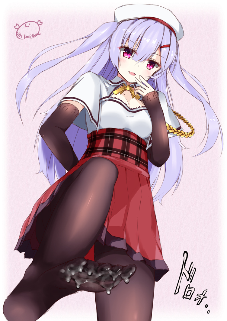 :d ajax_(azur_lane) arm_behind_back azur_lane bangs beret blush breasts capelet cleavage commentary_request cum cum_on_clothes detached_sleeves eyebrows_visible_through_hair feet finger_to_mouth from_below hair_between_eyes hand_up hat high-waist_skirt kanitama lavender_hair leg_up long_hair long_sleeves looking_down medium_breasts neck_ribbon no_shoes open_mouth pantyhose pink_background pink_eyes red_skirt ribbon shirt signature simple_background skirt sleeves_past_wrists smile soles solo standing standing_on_one_leg two_side_up underbust v-shaped_eyebrows white_hat yellow_ribbon
