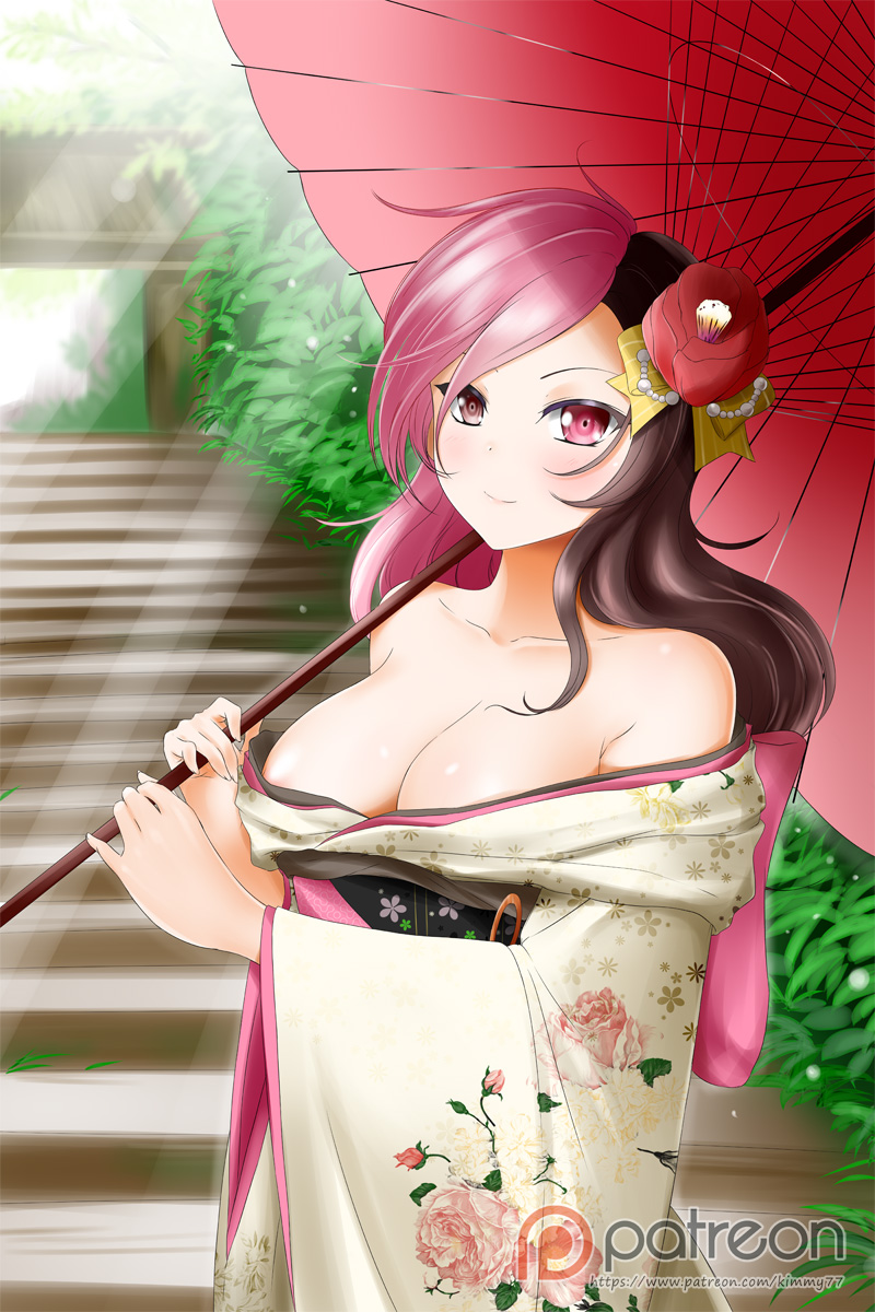 alfred_cullado alternate_costume areola_slip areolae bare_shoulders blush breasts breasts_outside brown_eyes brown_hair cleavage floral_print flower hair_flower hair_ornament heterochromia highres japanese_clothes kimono kimono_pull large_breasts long_hair looking_at_viewer neo_(rwby) obi off_shoulder open_clothes open_kimono oriental_umbrella patreon_logo patreon_username pink_eyes pink_hair rwby sash smile solo stairs umbrella upper_body watermark web_address wide_sleeves yukata