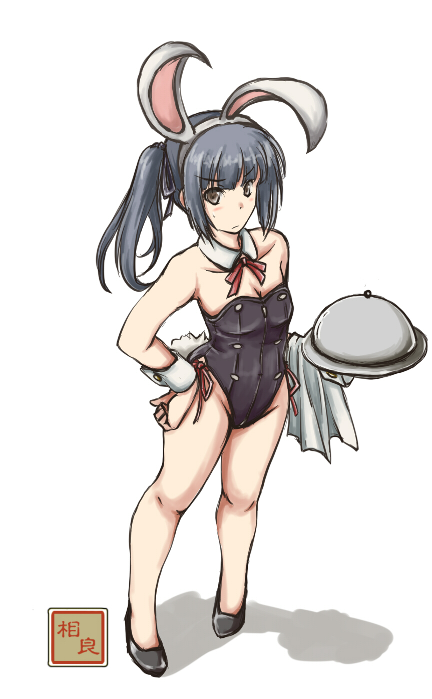 adapted_costume animal_ears black_eyes black_leotard bunny_ears bunny_tail bunnysuit detached_collar flat_chest full_body grey_hair hand_on_hip highres kantai_collection kasumi_(kantai_collection) leotard long_hair looking_at_viewer masamori_ikemo neck_ribbon red_ribbon ribbon serving_dome shadow side_ponytail simple_background solo strapless strapless_leotard tail towel tray white_background wrist_cuffs