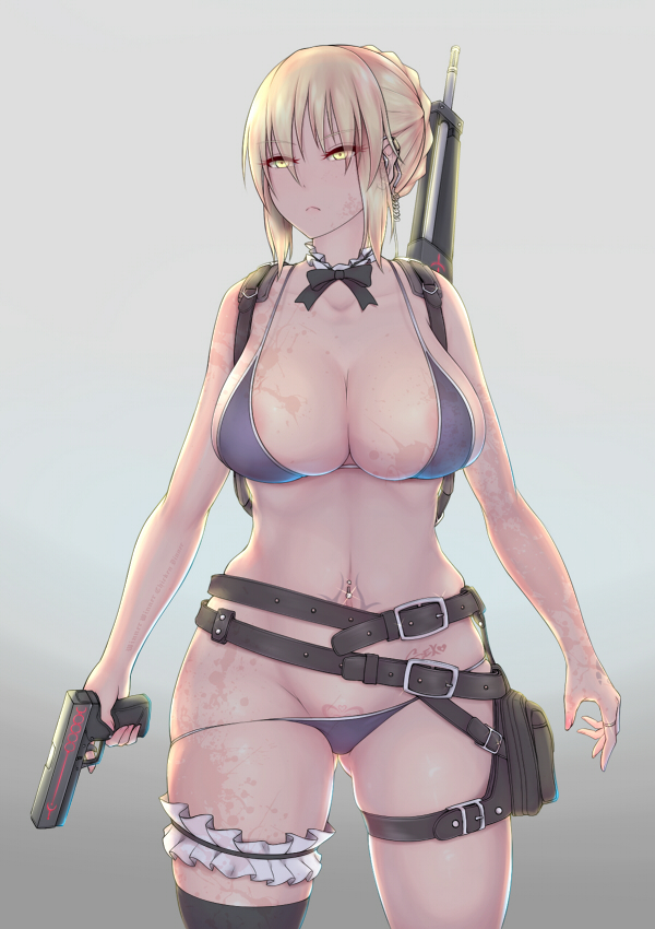 alternate_breast_size arms_at_sides artoria_pendragon_(all) backpack bag bangs bare_arms bare_shoulders belt belt_buckle belt_pouch bikini bikini_pull black_bow black_legwear black_neckwear blonde_hair bow bowtie breasts buckle butt_crack cleavage closed_mouth collarbone commentary_request cowboy_shot earrings fate/grand_order fate_(series) frills glint grey_background groin gun holding holding_gun holding_weapon jewelry leg_garter legs_apart neck_garter nikuku_(kazedesune) playerunknown's_battlegrounds pouch purple_bikini ring saber_alter short_hair simple_background single_thighhigh skindentation solo standing stomach_tattoo swimsuit tattoo thighhighs thighs trigger_discipline tsurime weapon weapon_on_back yellow_eyes