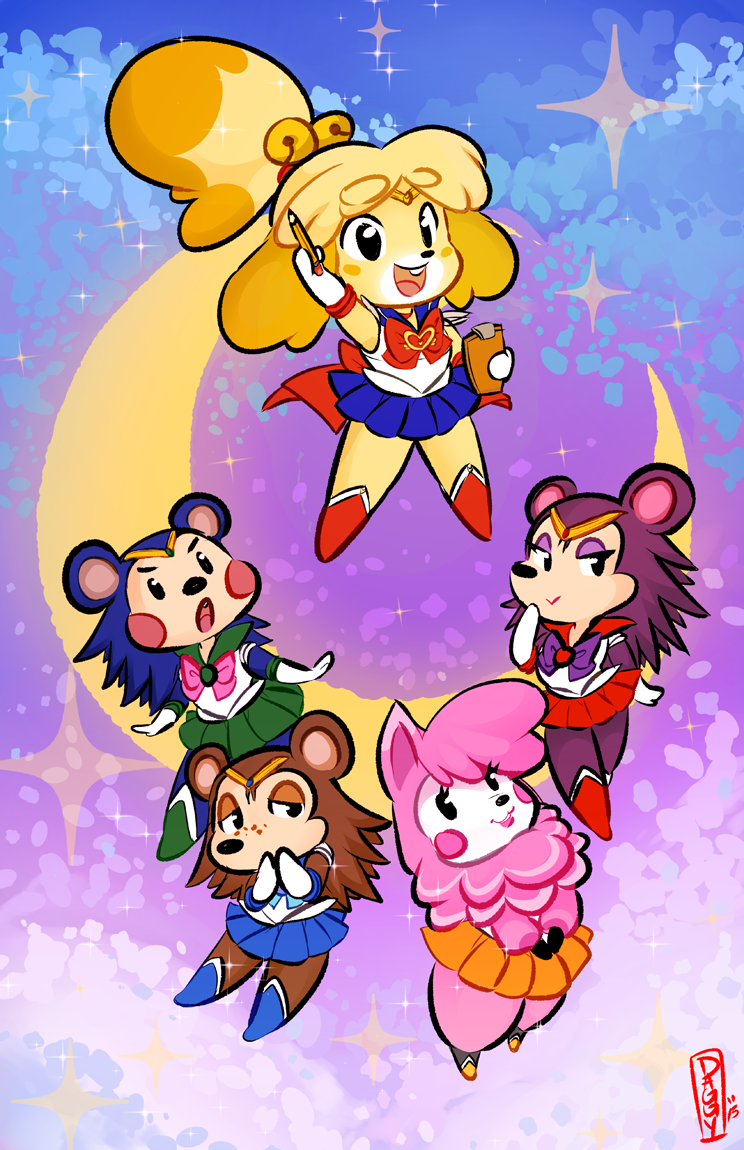 alpaca animal_crossing anthro bell blush_sticker camelid canine clipboard clothed clothing cosplay crescent_moon dog female fur hair hedgehog isabelle_(animal_crossing) labelle_able luvon mabel_able mammal moon night nintendo pencil_(object) reese_(animal_crossing) sable_able sailor_jupiter sailor_mars sailor_mercury sailor_moon_(character) sailor_moon_(series) sailor_uniform sailor_venus serafuku smile star tagme video_games