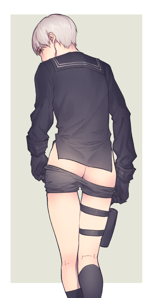 ass black_gloves black_legwear butcher_shop feet_out_of_frame from_behind gloves holster looking_back male_focus nier_(series) nier_automata outside_border shorts socks solo thigh_holster undressing white_hair yorha_no._9_type_s