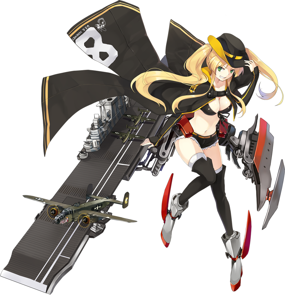 aircraft airplane azur_lane b-25_mitchell belt bikini_top black_bikini_top black_hat black_legwear black_ribbon black_shorts blonde_hair bomber breasts cleavage clothes_writing cowboy_hat cutoffs eyebrows flight_deck floating_hair front-tie_bikini front-tie_top full_body green_eyes grey_footwear grin groin hair_tie hand_on_headwear hao_(patinnko) hat hornet hornet_(azur_lane) long_hair long_sleeves machinery medium_breasts midriff military military_vehicle navel number over-kneehighs ribbon short_shorts shorts shrug_(clothing) sidelocks sleeves_past_wrists smile solo stomach teeth thighhighs transparent_background turret twintails yellow_belt
