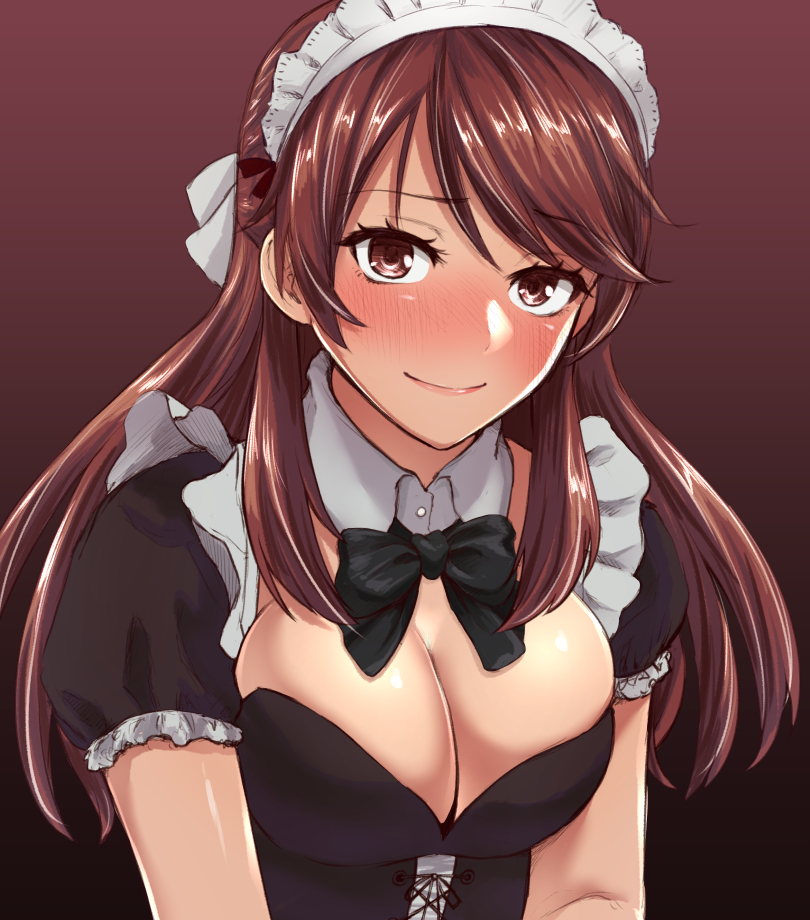 blush bow brave_witches breasts brown_eyes brown_hair cleavage commentary gradient gradient_background hair_bow karibuchi_takami large_breasts liar_lawyer long_hair looking_at_viewer maid maid_headdress short_sleeves smile solo world_witches_series