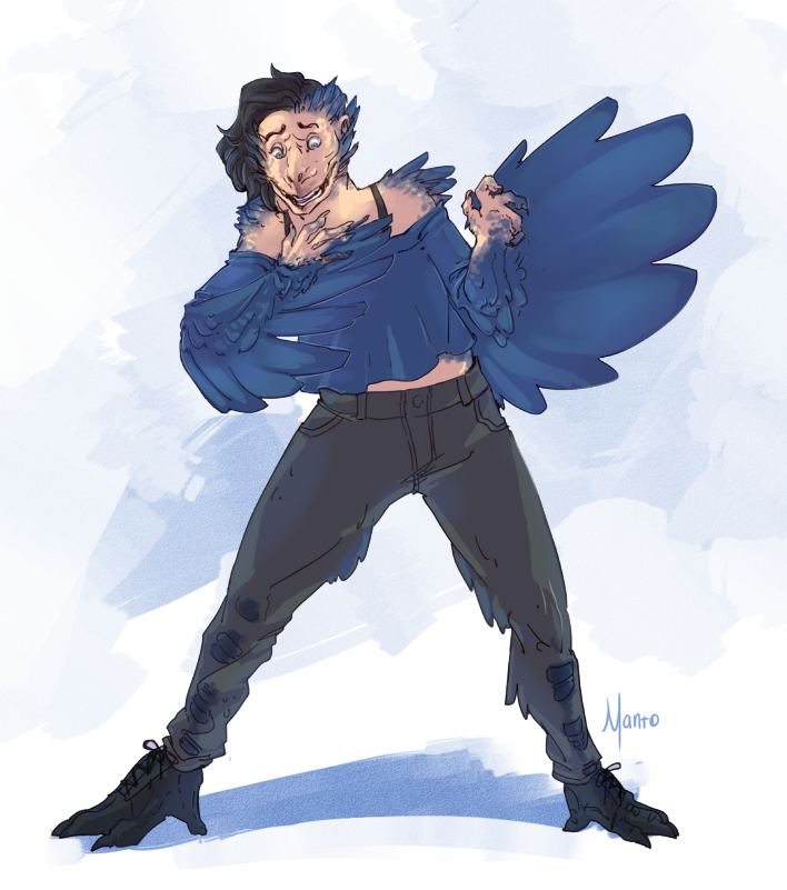 ambiguous_gender anthro avian bird black_hair blue_feathers claws clothing feathers hair human mammal noite_azul solo talons transformation winged_arms wings