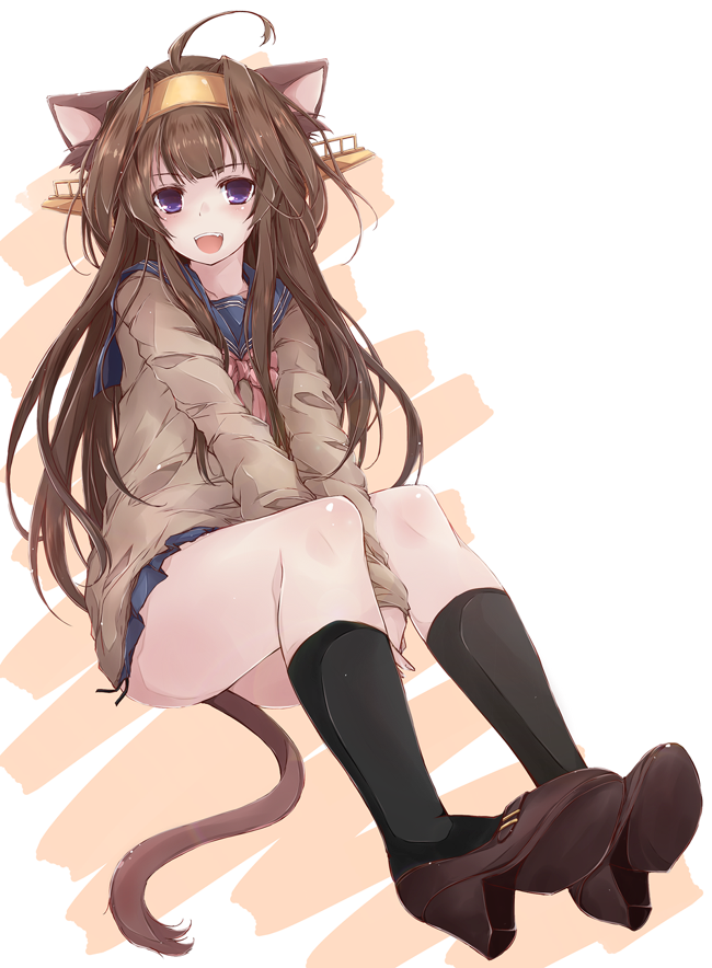 ahoge alternate_costume animal_ears black_legwear brown_hair hairband headgear kantai_collection kemonomimi_mode kneehighs kongou_(kantai_collection) long_hair looking_at_viewer neckerchief open_mouth pleated_skirt purple_eyes remodel_(kantai_collection) sailor_collar school_uniform serafuku skirt smile solo tail yumesato_makura