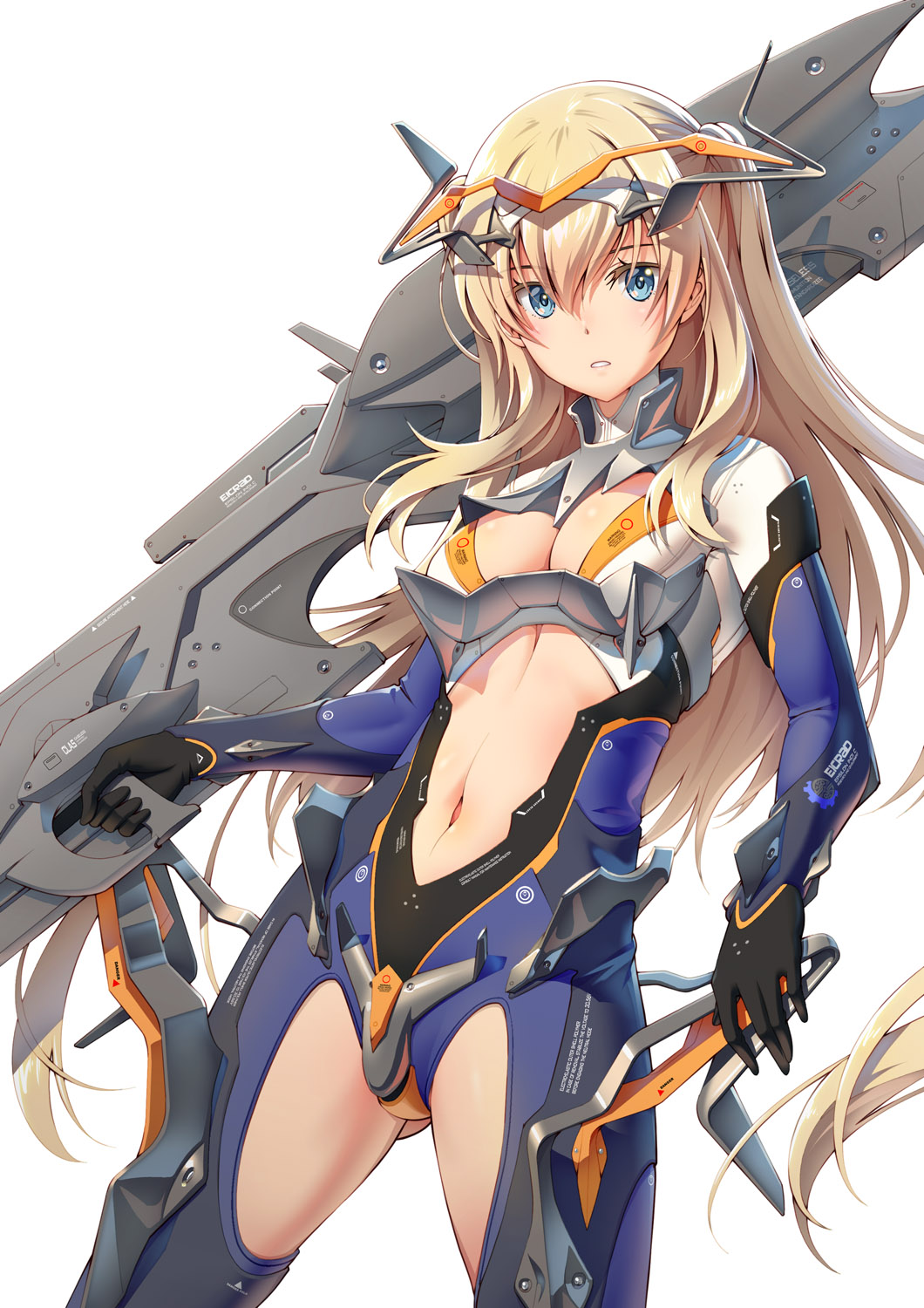 ass_visible_through_thighs bangs black_gloves blonde_hair blue_eyes blush bodysuit breasts cleavage commentary_request cowboy_shot elbow_gloves eyebrows_visible_through_hair gloves gun hair_between_eyes headgear highres holding holding_gun holding_weapon legs_apart long_hair looking_at_viewer mecha_musume medium_breasts navel navel_cutout one_side_up original parted_lips pinakes science_fiction sidelocks simple_background solo standing straight_hair thigh_cutout thighs trigger_discipline tsurime very_long_hair weapon white_background