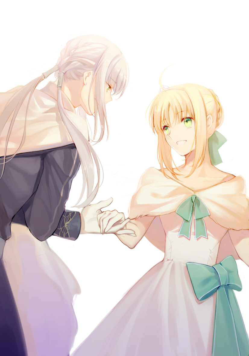 1girl :d ahoge artoria_pendragon_(all) bedivere blonde_hair bow braid capelet cherry_(10013717) dress fate/grand_order fate/stay_night fate_(series) french_braid gloves green_eyes grin holding_hands long_hair long_sleeves open_mouth saber short_hair sidelocks silver_hair smile tiara twintails white_dress white_gloves