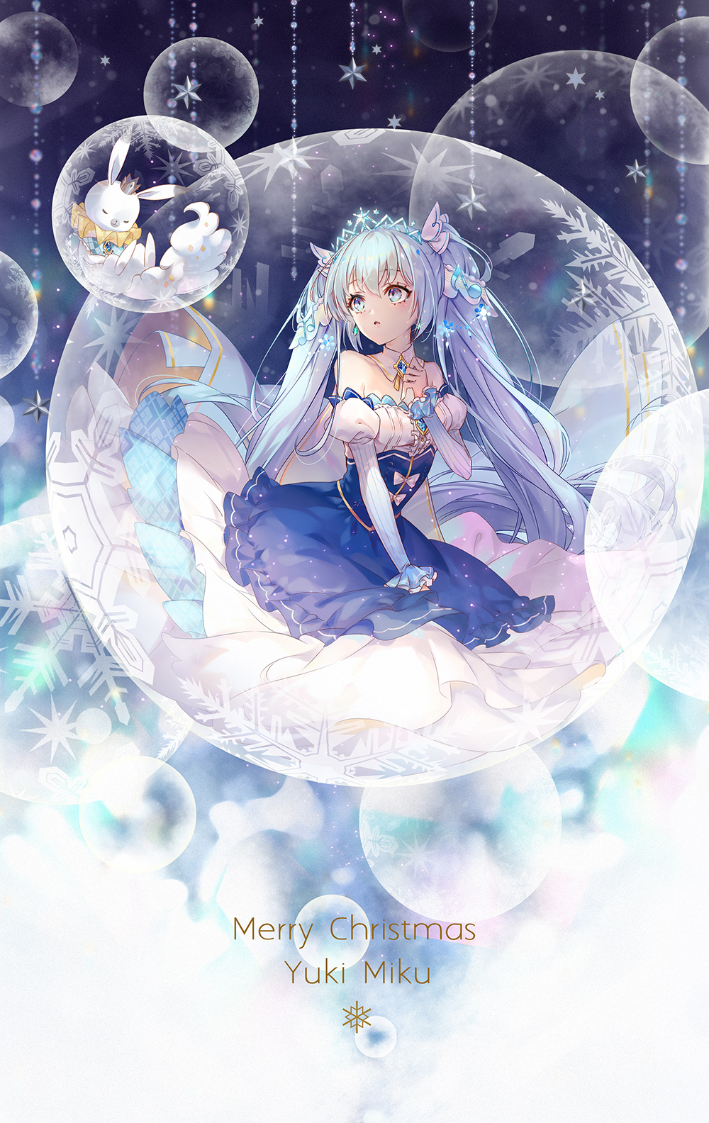 1girl bangs bare_shoulders blue_dress blue_eyes blue_hair bunny character_name dress eyebrows_visible_through_hair hatsune_miku highres in_bubble long_hair merry_christmas minland4099 snowflakes strapless strapless_dress twintails very_long_hair vocaloid yuki_miku yukine_(vocaloid)