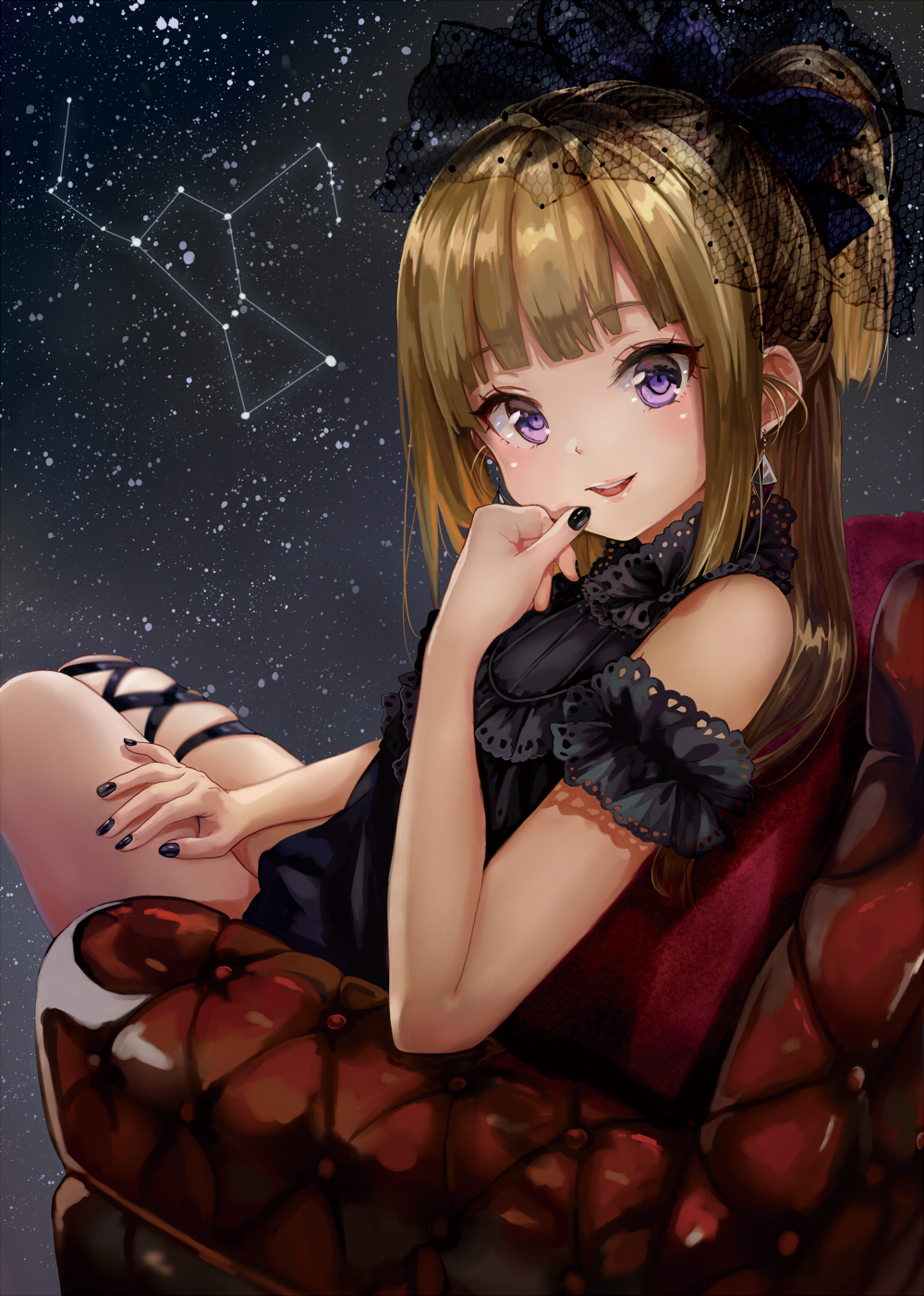 armchair bare_shoulders blush brown_hair chair constellation earrings hand_on_leg head_tilt highres jewelry long_hair looking_at_viewer nail_polish open_mouth original pisuke purple_eyes sidelocks sitting skindentation smile solo star_(sky)