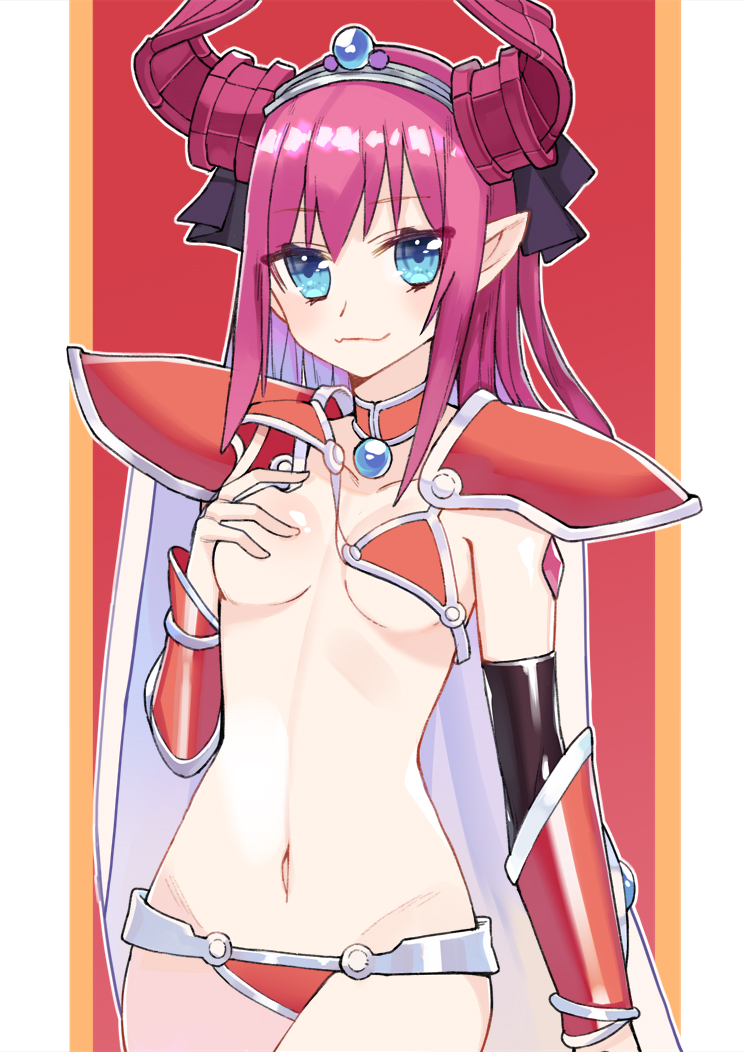 arm_at_side arm_guards armor bangs bikini bikini_armor bikini_lift blue_eyes breasts cape clenched_hand collar collarbone curled_horns elizabeth_bathory_(brave)_(fate) elizabeth_bathory_(fate)_(all) eyebrows_visible_through_hair fate/grand_order fate_(series) gem groin hand_on_own_chest lifted_by_self long_hair looking_at_viewer lowleg lowleg_bikini medium_breasts navel pauldrons pink_hair pointy_ears red_background red_bikini ryuuno6 shiny shiny_hair shoulder_armor sidelocks silver_trim smile solo standing stomach swimsuit teasing tiara tsurime underboob vambraces white_cape