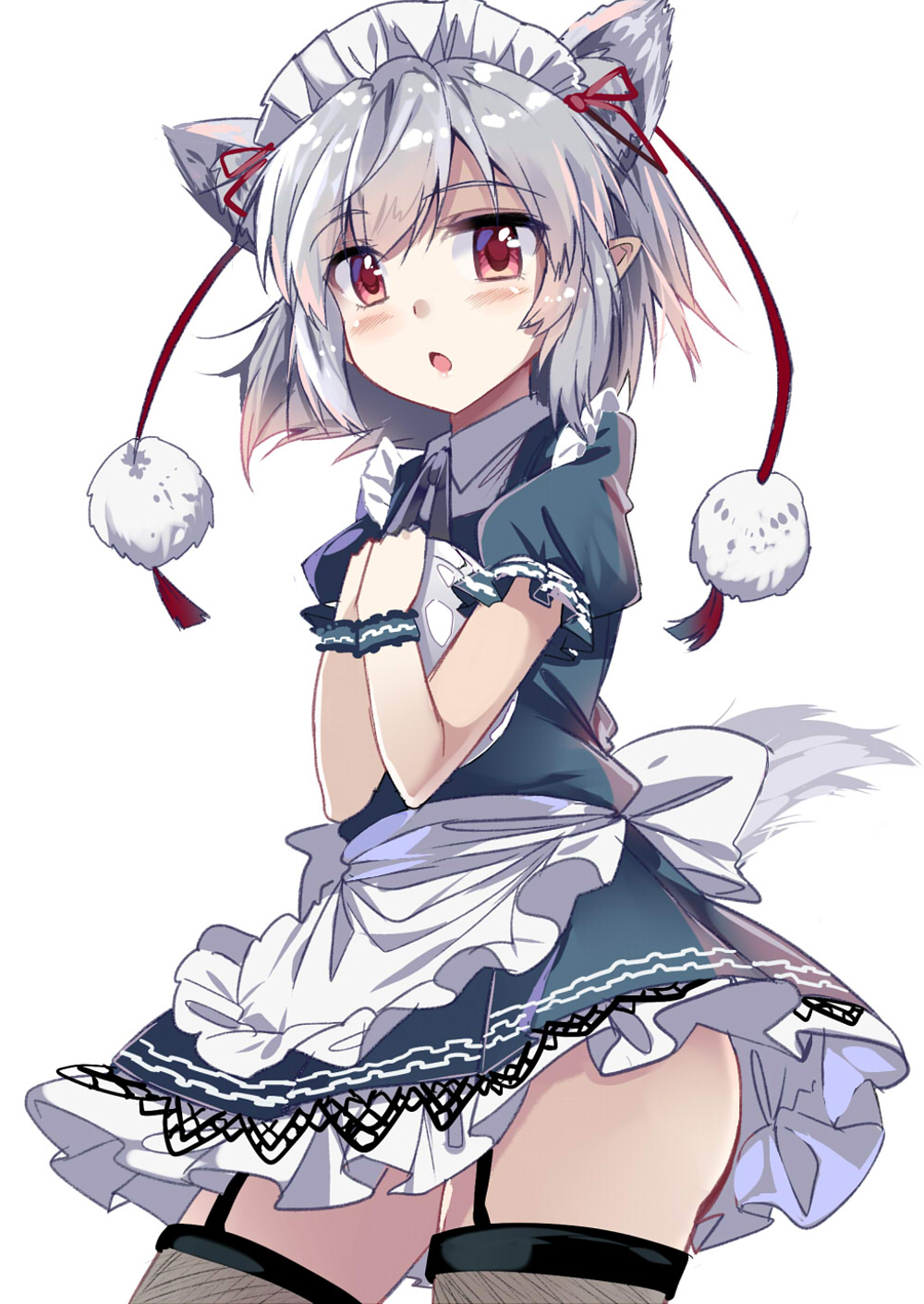 :o alternate_costume animal_ears apron blush braid commentary_request contrapposto e.o. enmaided extra_ears fishnet_legwear fishnets frilled_skirt frills garter_straps garters highres inubashiri_momiji looking_at_viewer maid maid_apron maid_headdress object_hug open_mouth pointy_ears pom_pom_(clothes) puffy_short_sleeves puffy_sleeves red_eyes short_hair short_sleeves silver_hair simple_background skirt solo standing tail thighhighs touhou tray waist_apron white_background wolf_ears wolf_tail wrist_cuffs