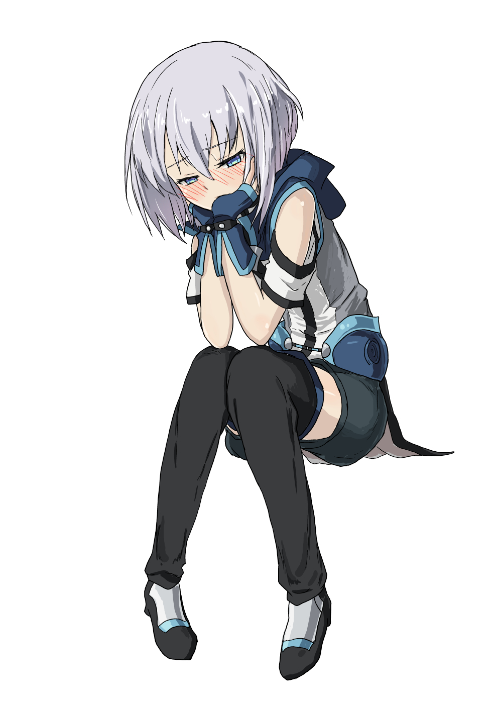 bad_id bad_pixiv_id bare_shoulders blue_eyes blue_gloves blush boots ernesti_echevalier fingerless_gloves gloves head_in_hand highres invisible_chair knight's_&amp;_magic kyouwa male_focus shiny shiny_hair short_hair shorts shoulder_cutout silver_hair simple_background sitting solo thigh_boots thighhighs white_background
