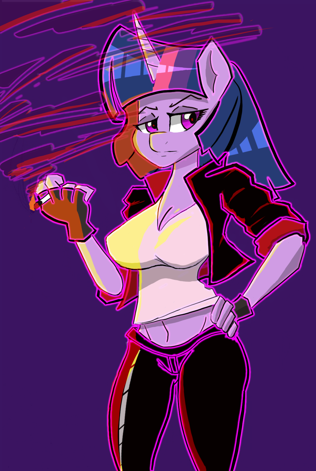 2017 anthro anthrofied bored breasts cigarette cleavage clothed clothing equine female fingerless_gloves friendship_is_magic gloves hair hand_on_hip holding_object horn looking_at_viewer mammal multicolored_hair my_little_pony navel open_jacket portrait purple_eyes rianmcloud simple_background smoking solo standing three-quarter_portrait twilight_sparkle_(mlp) unicorn wings
