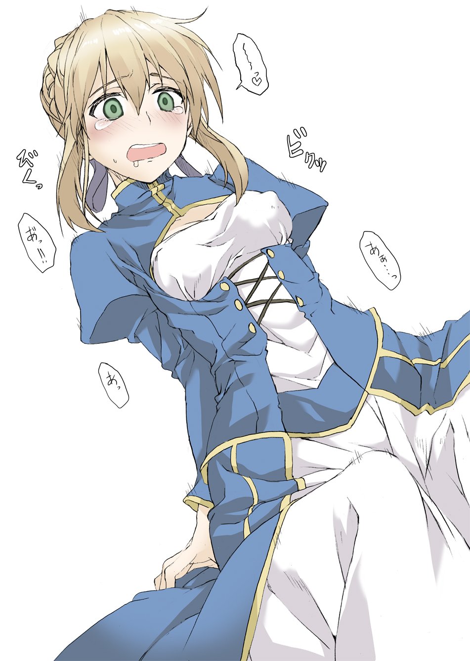 ahoge arms_behind_back artoria_pendragon_(all) blonde_hair blush braid breasts cleavage commentary elf_(stroll_in_the_woods) embarrassed fate/stay_night fate_(series) french_braid green_eyes hair_between_eyes highres motion_lines saber saliva sketch small_breasts sweat tearing_up translated white_background