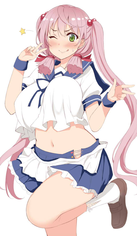 akashi_(kantai_collection) alternate_hairstyle blue_sailor_collar blue_skirt breasts brown_footwear commentary_request cosplay green_eyes hair_bobbles hair_ornament hair_ribbon kantai_collection kusano_(torisukerabasu) large_breasts long_hair one_eye_closed pink_hair pleated_skirt red_ribbon remodel_(kantai_collection) ribbon sailor_collar sazanami_(kantai_collection) sazanami_(kantai_collection)_(cosplay) school_uniform serafuku shoes short_sleeves simple_background skirt smile solo star tress_ribbon twintails undersized_clothes white_background