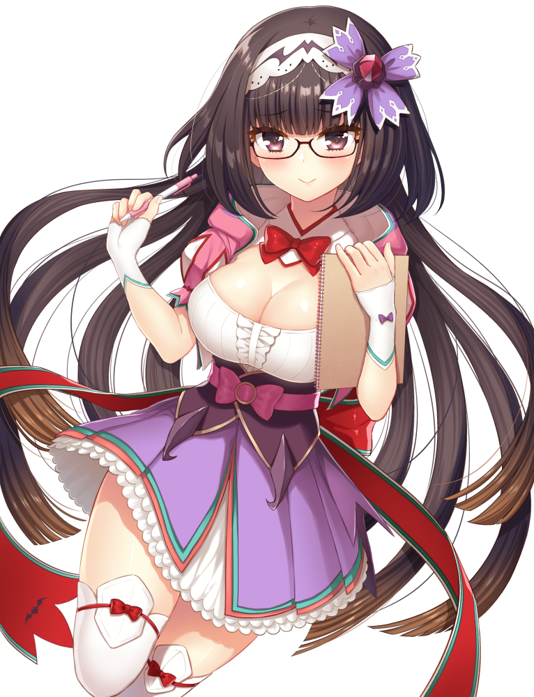 black_hair blush breasts brown_hair cleavage fate/grand_order fate_(series) glasses gloves gradient_hair hairband hood large_breasts long_hair looking_at_viewer multicolored_hair nakamura_hinato osakabe-hime_(fate/grand_order) purple_eyes simple_background smile solo thighhighs very_long_hair white_background white_legwear