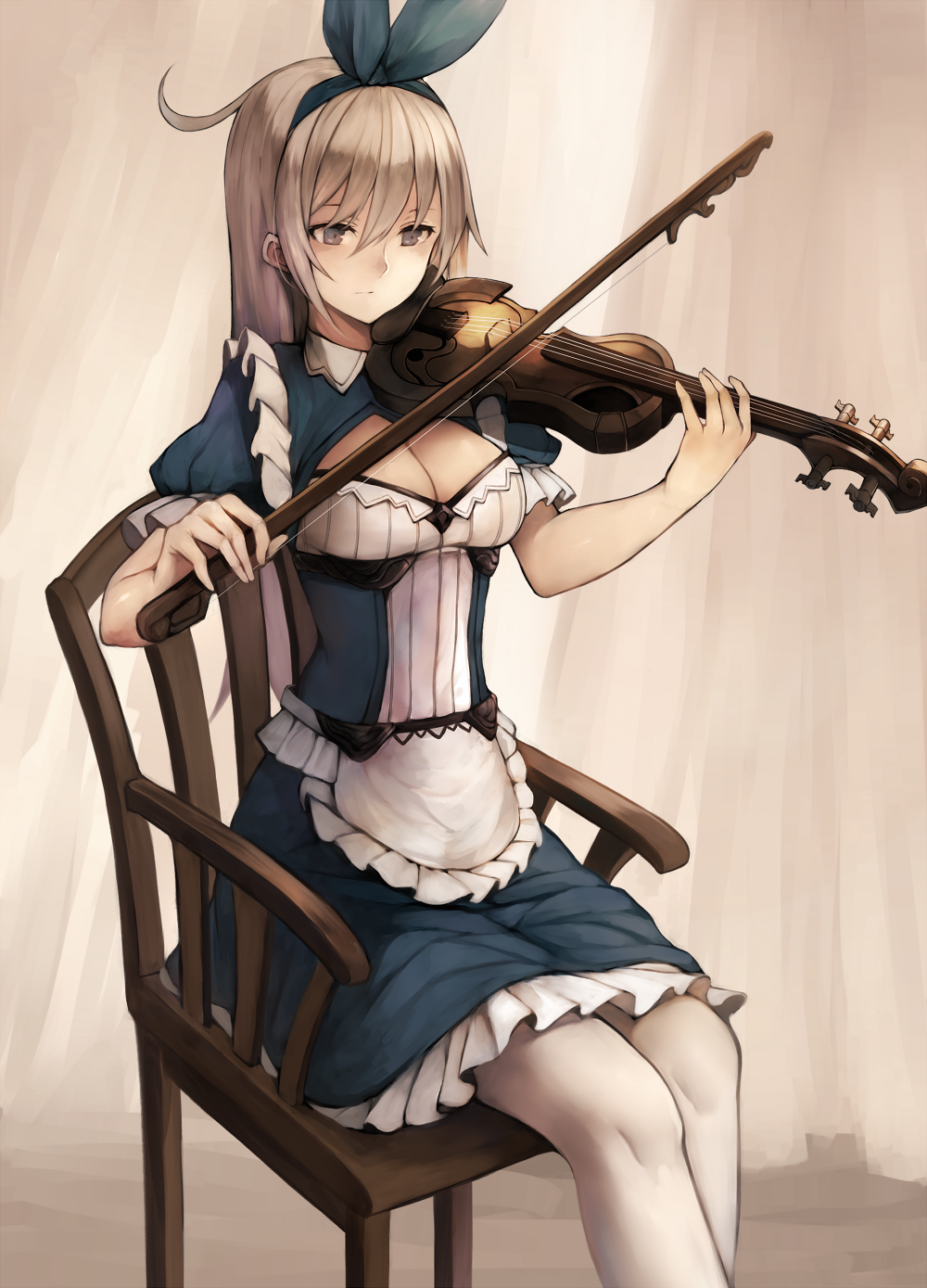 ahoge apron bad_id bad_pixiv_id bangs blue_dress breasts chair cleavage closed_mouth commentary_request dress expressionless frilled_apron frilled_dress frills hairband highres inaba_sunimi instrument long_hair medium_breasts music original pantyhose playing_instrument puffy_short_sleeves puffy_sleeves short_sleeves silver_eyes silver_hair sitting solo violin waist_apron white_legwear