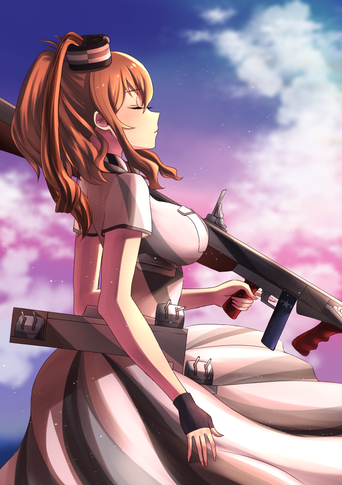 banned_artist breast_pocket breasts brown_hair closed_eyes dress flight_deck holding holding_weapon itsuwa_(continue) kantai_collection large_breasts outdoors pocket ponytail remodel_(kantai_collection) rigging saratoga_(kantai_collection) side_ponytail sky smokestack_hair_ornament solo turret weapon white_dress