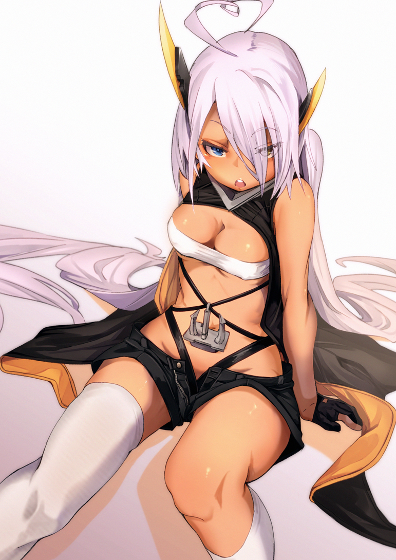 anchor azur_lane bare_shoulders black_gloves blue_eyes breasts cleavage covered_nipples dark_skin fu-ta gloves hair_over_one_eye hand_rest headgear indianapolis_(azur_lane) kneehighs long_hair looking_at_viewer mismatched_legwear navel open_clothes open_mouth open_shorts shorts single_kneehigh single_thighhigh sitting small_breasts solo teeth thighhighs very_long_hair white_hair white_legwear