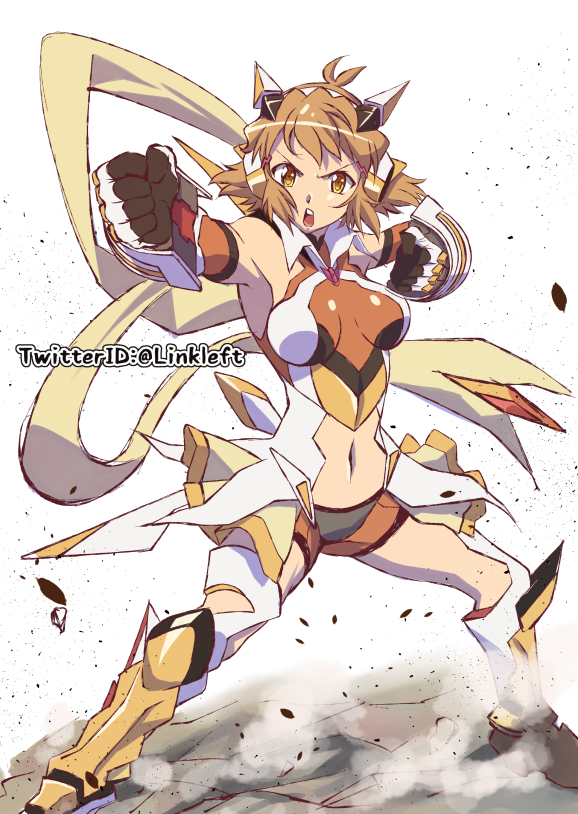 bare_shoulders boots breasts brown_hair clenched_hands commentary cracked_floor elbow_gloves fighting_stance full_body gauntlets gloves hair_ornament headgear link_(aa30) looking_at_viewer medium_breasts navel open_mouth orange_eyes scarf senki_zesshou_symphogear shiny shiny_clothes shiny_hair short_hair shorts solo standing tachibana_hibiki_(symphogear) teeth twitter_username