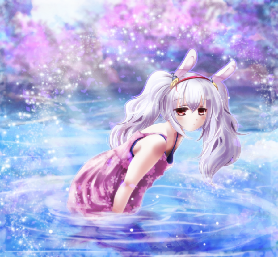 :o animal_ears arms_at_sides azur_lane bare_arms blush cloud cloudy_sky commentary_request dress fake_animal_ears floral_print from_side gradient_sky hairband jitome laffey_(azur_lane) leaning_forward looking_at_viewer ocean purple_dress red_eyes sky solo sparkle swimsuit swimsuit_under_clothes tsukiori_sasa twintails wading white_hair