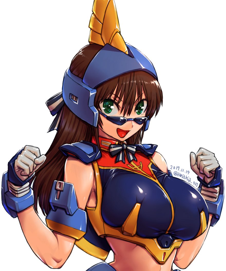:d amania_orz armpit_peek barzam blush breasts brown_hair commentary_request crop_top gloves green_eyes gundam hair_between_eyes helm helmet large_breasts long_hair looking_at_viewer open_mouth personification smile solo sunglasses upper_body v-shaped_eyebrows white_gloves