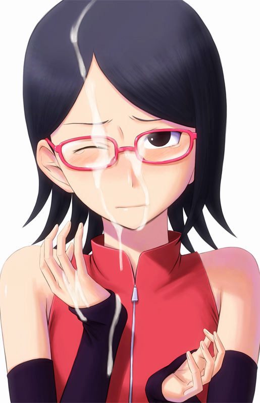 bare_shoulders black_eyes black_hair blush bonnie_(rsg) cum cum_in_hands cum_on_glasses cum_on_hair detached_sleeves facial glasses long_sleeves looking_at_viewer naruto naruto_(series) nose_blush one_eye_closed pink-framed_eyewear red-framed_eyewear short_hair solo tears uchiha_sarada upper_body white_background wince zipper