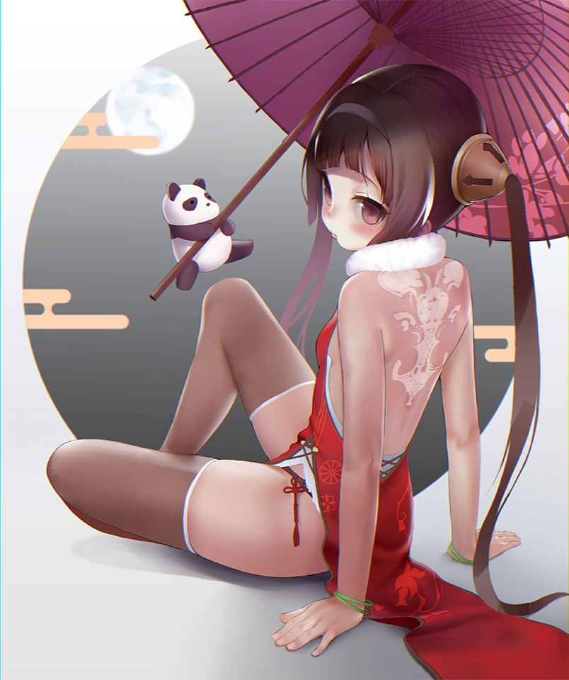 arm_support arms_at_sides azur_lane back back_tattoo backless_dress backless_outfit bangle bangs bare_arms bare_back bare_shoulders blunt_bangs blush bracelet brown_hair brown_legwear china_dress chinese_clothes closed_mouth detached_collar dress egasumi full_body full_moon fur_collar hairband jewelry knee_up long_hair moon parasol ping_hai_(azur_lane) purple_eyes red_dress ryouta_pm side_slit sitting solo stuffed_animal stuffed_panda stuffed_toy tassel tattoo thighhighs thighs twintails umbrella white_hairband