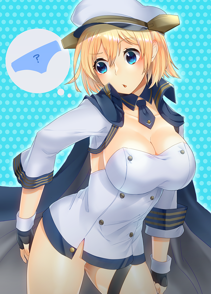 ? arm_at_side azur_lane black_gloves blonde_hair blue_background blue_cape blue_eyes blush breasts california_(azur_lane) cape cleavage collarbone cowboy_shot detached_collar eyebrows_visible_through_hair fingerless_gloves gloves hair_between_eyes hat head_tilt large_breasts mimiko_(fuji_310) necktie no_panties panties parted_lips peaked_cap polka_dot polka_dot_background short_hair short_necktie silhouette solo thought_bubble underwear white_hair