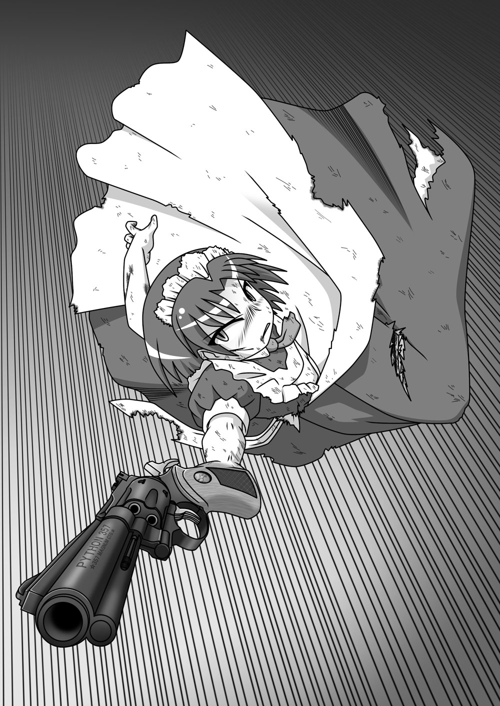 apron commentary coru greyscale gun highres maid maid_apron maid_headdress monochrome original rakurakutei_ramen weapon