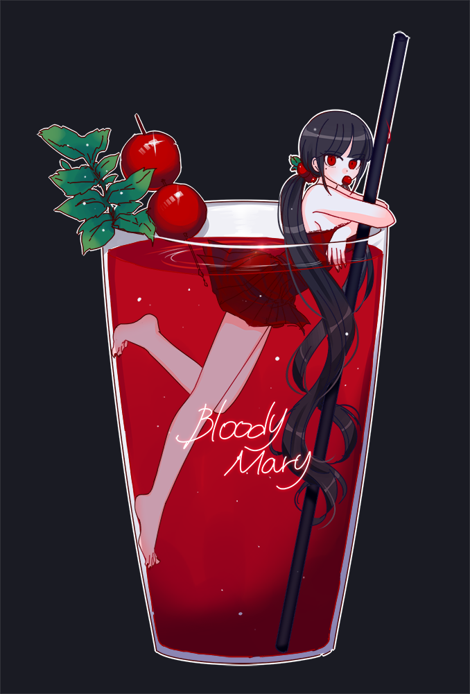 alternate_costume bad_id bad_pixiv_id bangs bare_legs bare_shoulders barefoot black_background black_hair blunt_bangs blush cherry cup danganronpa dress drink drinking_glass drinking_straw eaoo20 eyebrows_visible_through_hair food food_themed_hair_ornament fruit full_body hair_ornament harukawa_maki in_container in_cup leaf leg_up long_hair looking_at_viewer looking_to_the_side low_twintails minigirl mole mole_under_eye mouth_hold new_danganronpa_v3 outline partially_submerged red_dress red_eyes short_dress simple_background solo sparkle strapless strapless_dress twintails very_long_hair white_outline