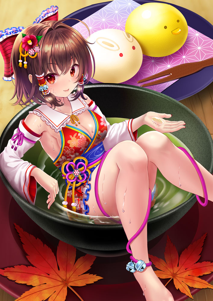 ahoge alternate_costume bare_legs bare_shoulders barefoot bell bow breasts brown_hair cleavage closed_mouth commentary_request detached_sleeves flower food hair_bow hair_flower hair_ornament hair_tubes hakurei_reimu in_bowl in_container indoors jingle_bell leaf looking_at_viewer medium_breasts minigirl nail_polish obi red_bow red_eyes red_flower red_nails sash short_hair sideboob sidelocks sitting smile solo soup touhou tray uemura_shun