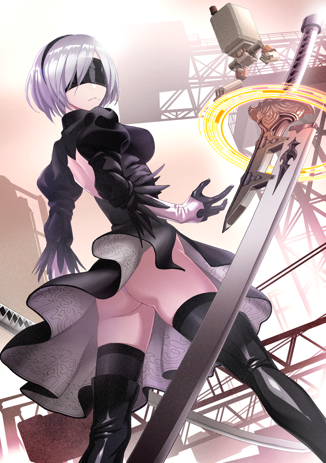 ass back_cutout black_dress black_footwear black_hairband blindfold boots breasts covered_eyes dress feather-trimmed_sleeves floating floating_object floating_swords from_behind hairband highres ike_masato juliet_sleeves leotard long_sleeves looking_back medium_breasts mole mole_under_mouth nier_(series) nier_automata outdoors pod_(nier_automata) puffy_long_sleeves puffy_sleeves short_hair silver_hair solo sword thigh_boots thighhighs thighhighs_under_boots thong weapon white_leotard wind wind_lift yorha_no._2_type_b