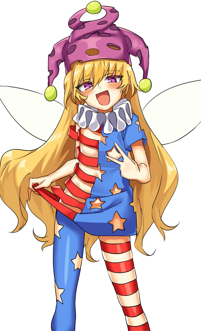 american_flag_dress american_flag_legwear bangs blonde_hair blush clownpiece contrapposto dress dress_lift fairy_wings flat_chest hair_between_eyes hat head_tilt jester_cap lifted_by_self long_hair looking_at_viewer manarou neck_ruff open_mouth pantyhose pink_eyes purple_hat short_dress short_sleeves simple_background smile solo standing star_cutout striped striped_dress striped_legwear touhou v very_long_hair white_background wings