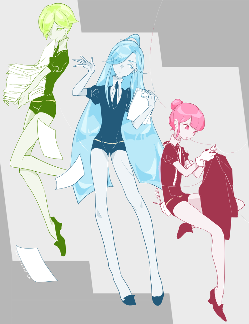 alexandrite_(houseki_no_kuni) androgynous black_footwear black_neckwear black_shorts blue_eyes blue_hair cojimama dated gem_uniform_(houseki_no_kuni) green_eyes green_hair hair_bun houseki_no_kuni long_hair multiple_others necktie one_eye_closed peridot_(houseki_no_kuni) pink_eyes pink_hair red_beryl_(houseki_no_kuni) sewing shirt short_hair short_sleeves shorts signature uniform white_shirt